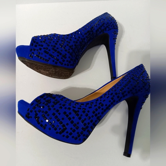 GIANNI BINI blue and black studded open toe PLATINUM HEELS SZ 8.5 - Picture 1 of 8